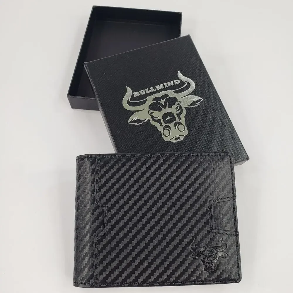 BULLMIND Black Bifold Wallet Bull Slim Thin Minimalist with Money Clip Gift Box